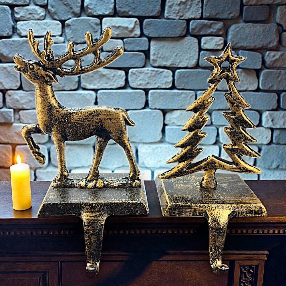 Set Of 2 Reindeer/Christmas Tree Rustic Cast Iron Christmas Stocking Hanger